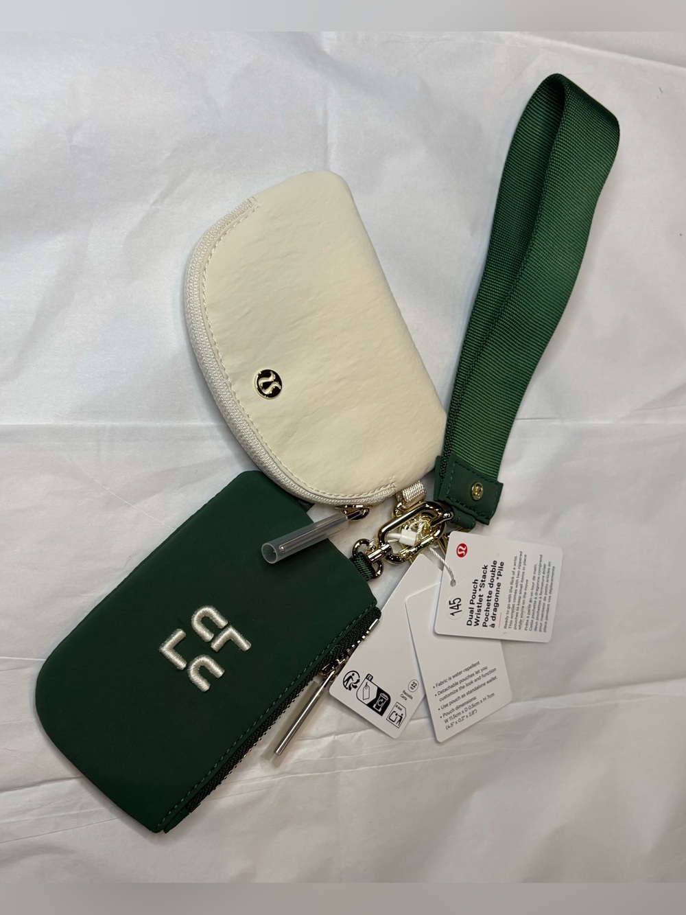 Lululemon Dual Pouch Wristlet *Stack in Ivy Grove, Light Ivory, and Gold colors